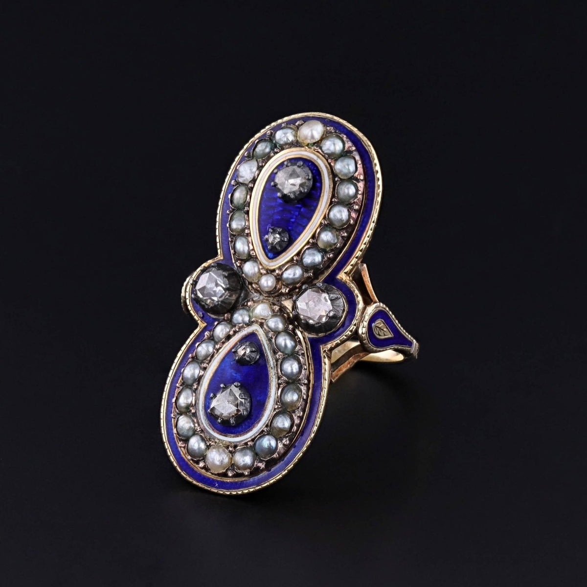 Victorian Enamel Diamond and Pearl Ring of 14k Gold - Trademark Antiques
