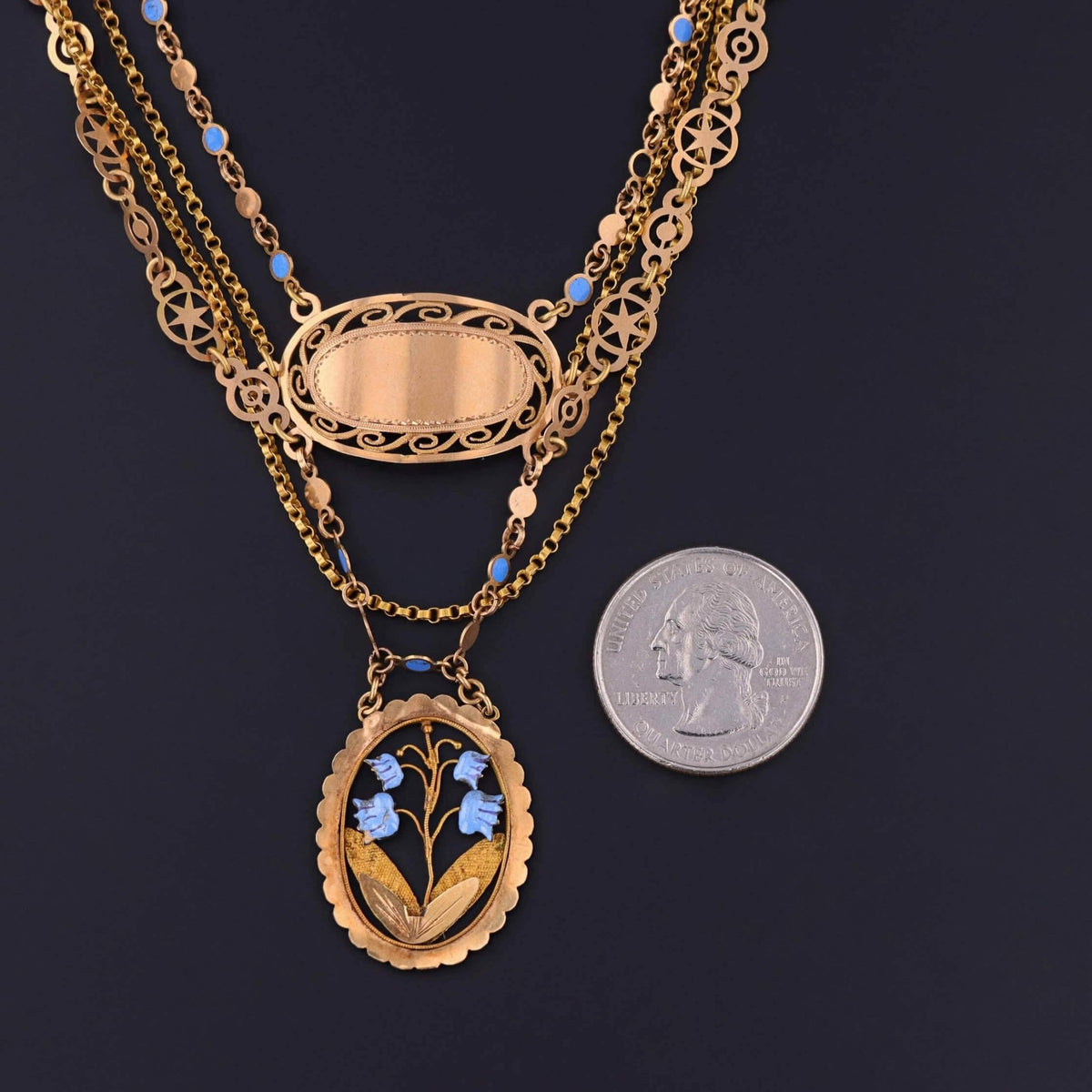 Victorian Enamel Festoon Necklace of 18k Gold on a Velvet Ribbon - Trademark Antiques