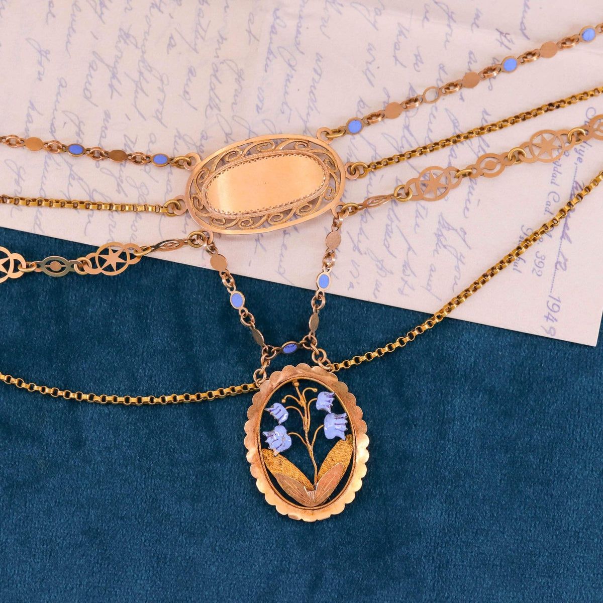 Victorian Enamel Festoon Necklace of 18k Gold on a Velvet Ribbon - Trademark Antiques