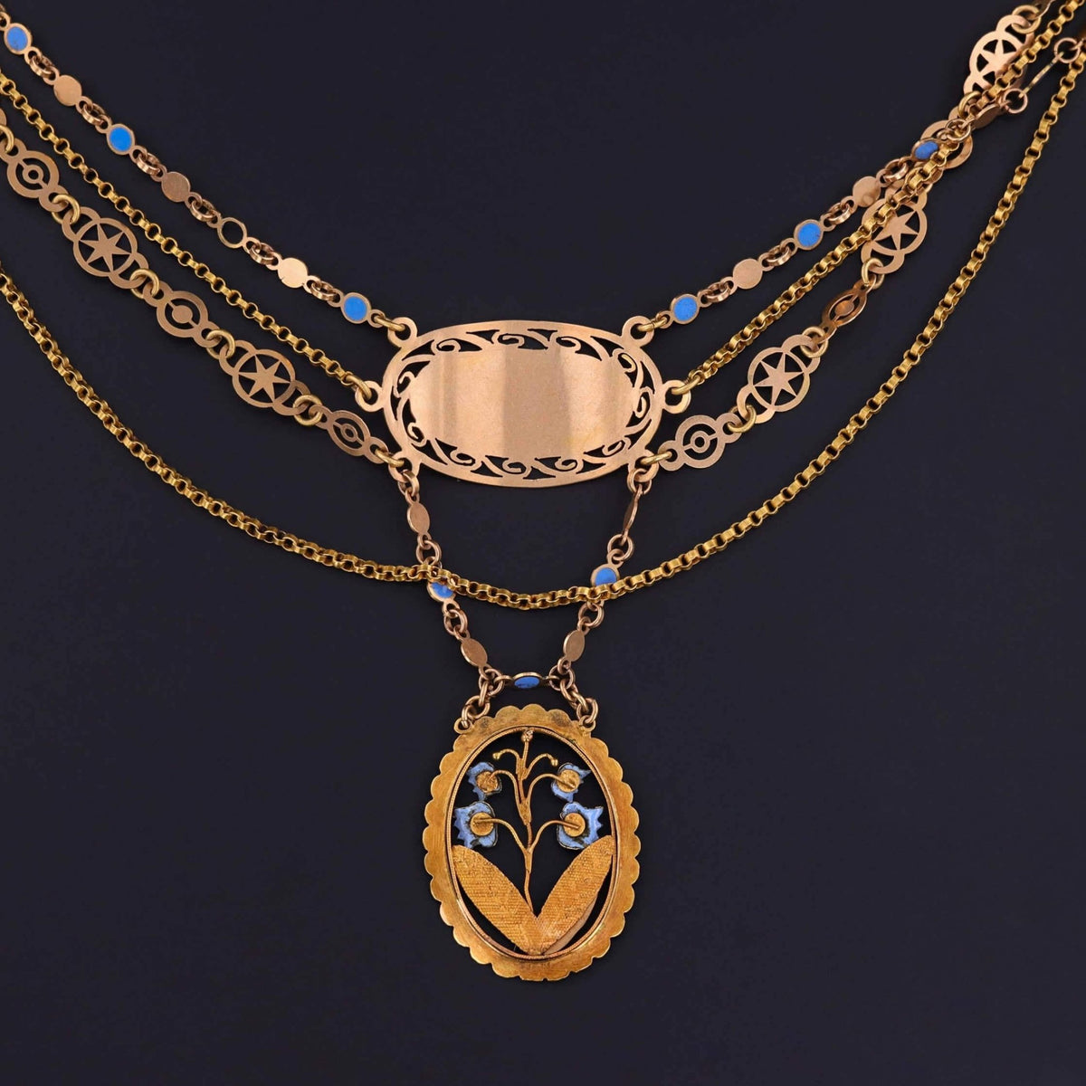 Victorian Enamel Festoon Necklace of 18k Gold on a Velvet Ribbon - Trademark Antiques