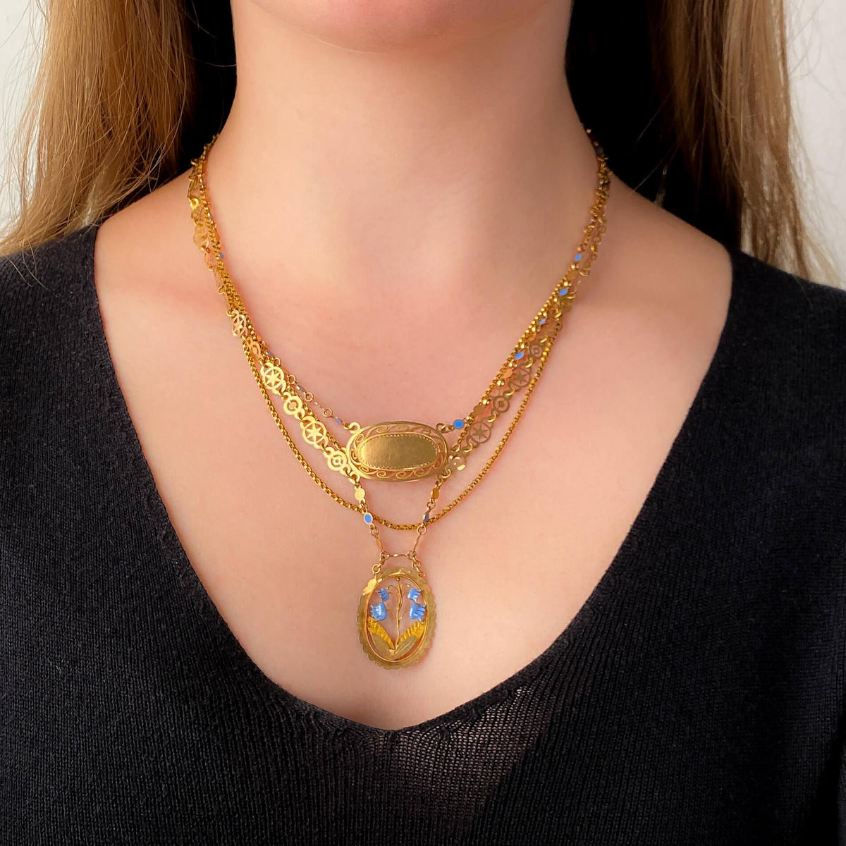 Victorian Enamel Festoon Necklace of 18k Gold on a Velvet Ribbon - Trademark Antiques