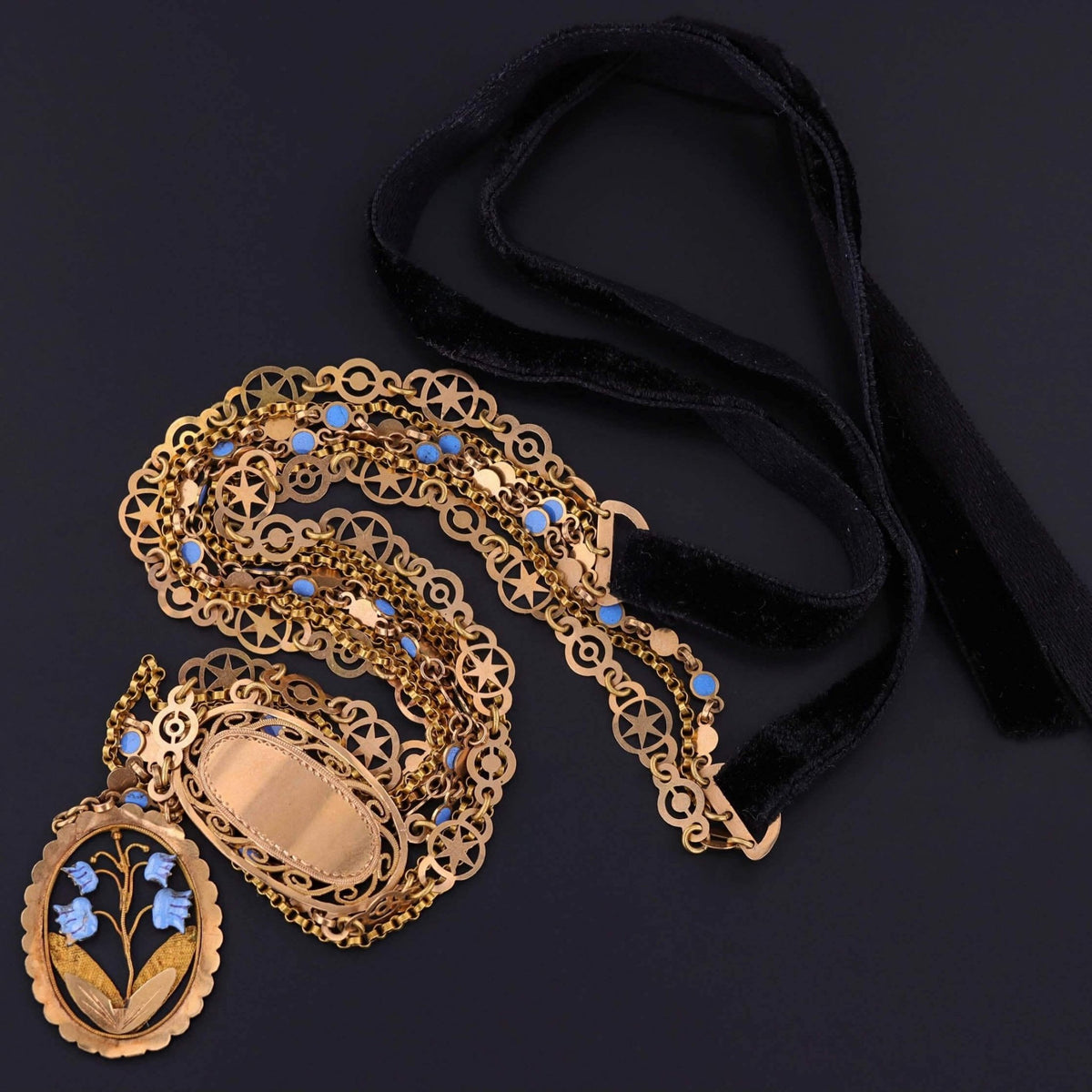 Victorian Enamel Festoon Necklace of 18k Gold on a Velvet Ribbon - Trademark Antiques