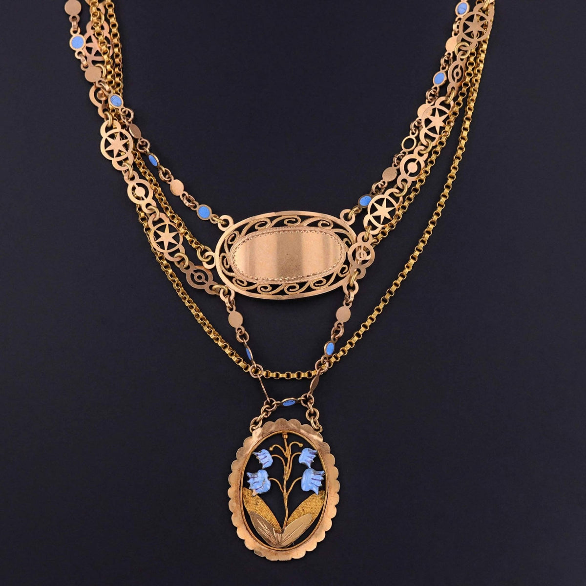 Victorian Enamel Festoon Necklace of 18k Gold on a Velvet Ribbon - Trademark Antiques