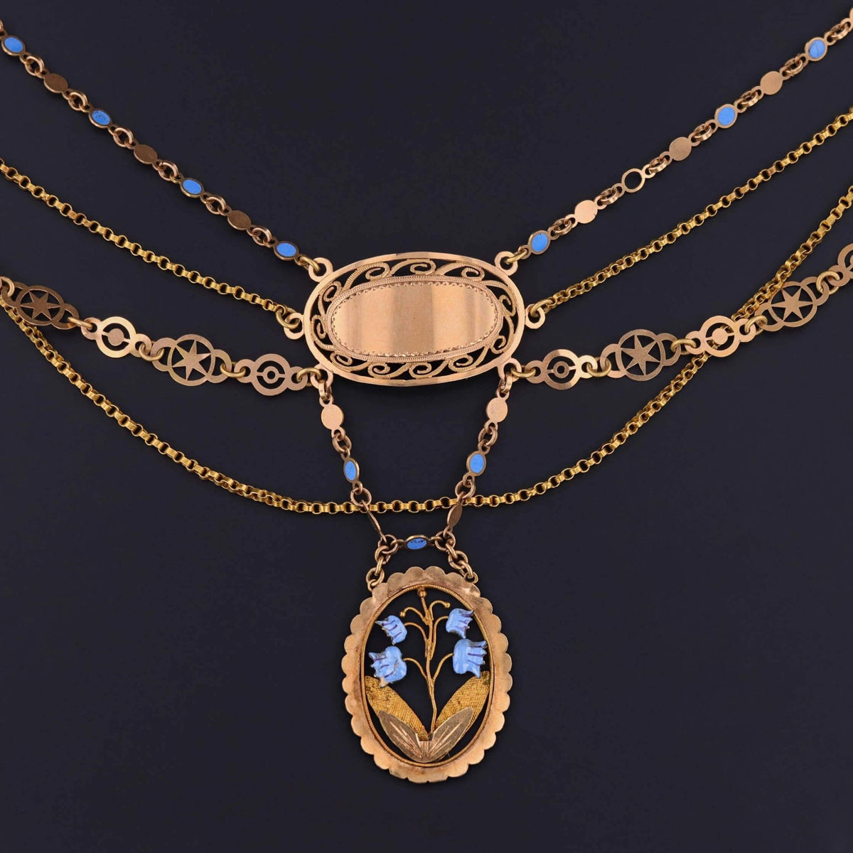 Victorian Enamel Festoon Necklace of 18k Gold on a Velvet Ribbon - Trademark Antiques