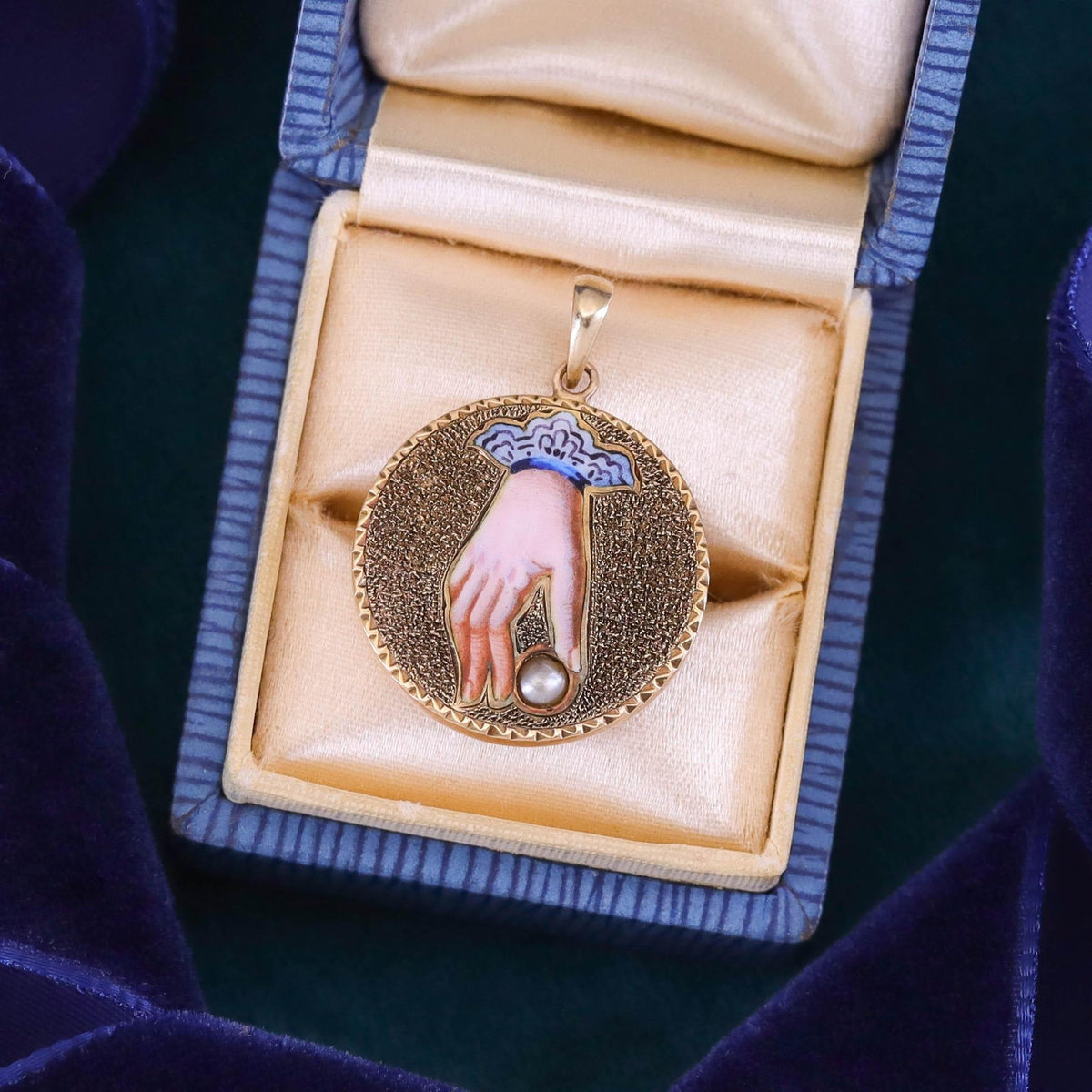 Victorian Enamel Hand with Pearl Pendant of 14k Gold - Trademark Antiques