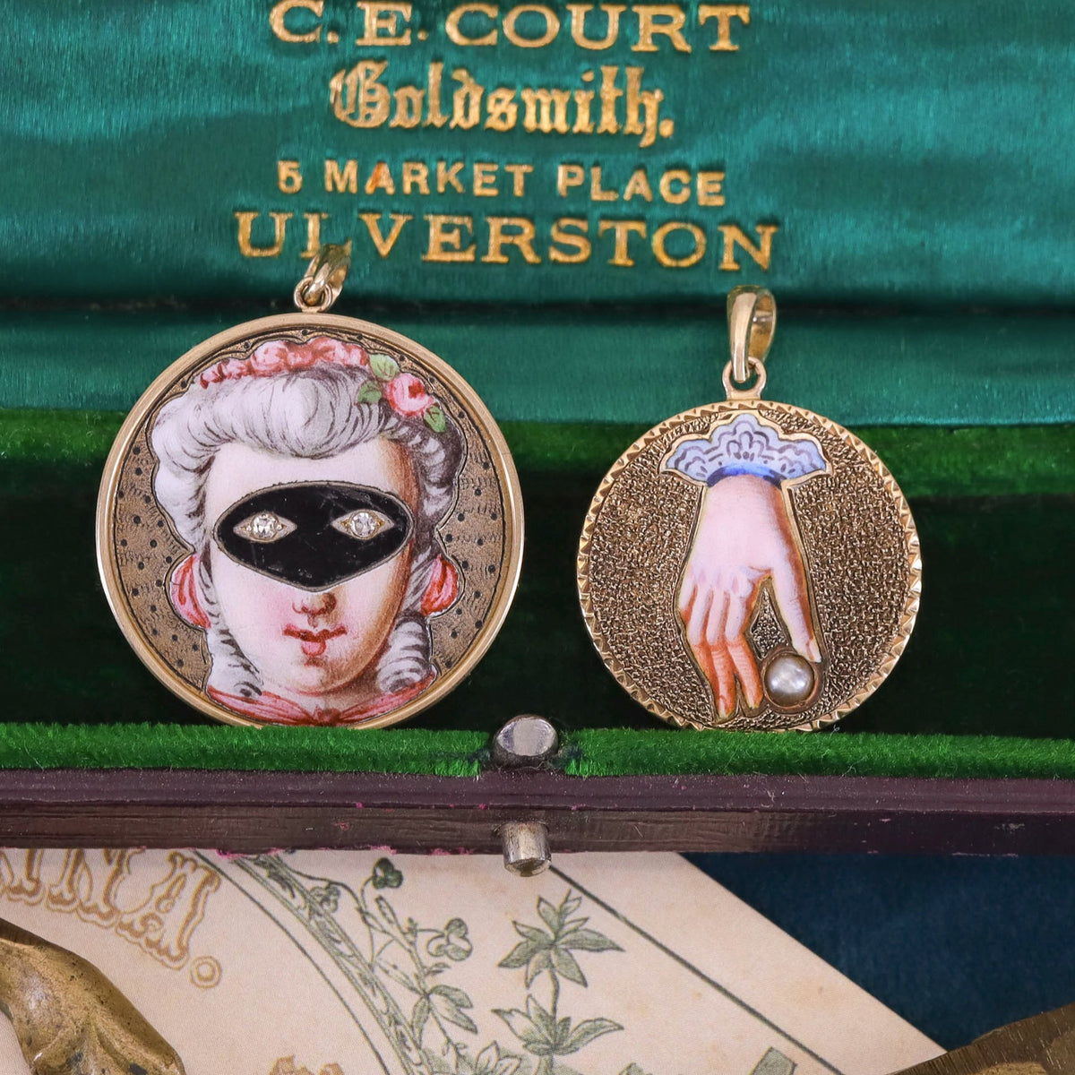 Victorian Enamel Hand with Pearl Pendant of 14k Gold - Trademark Antiques