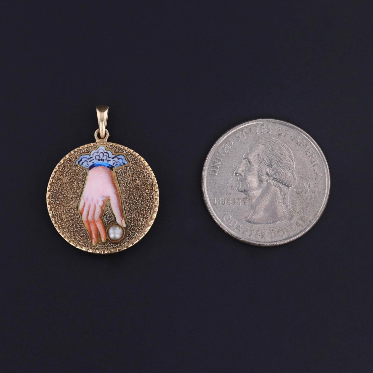 Victorian Enamel Hand with Pearl Pendant of 14k Gold - Trademark Antiques