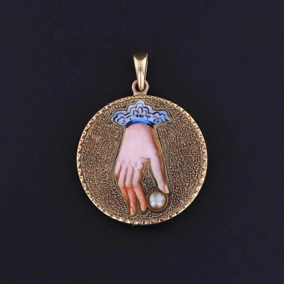 Victorian Enamel Hand with Pearl Pendant of 14k Gold - Trademark Antiques
