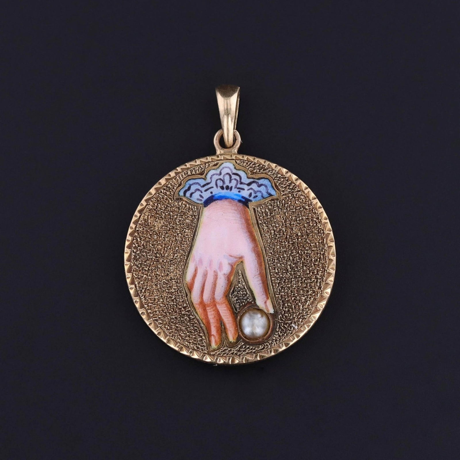 Victorian Enamel Hand with Pearl Pendant of 14k Gold - Trademark Antiques