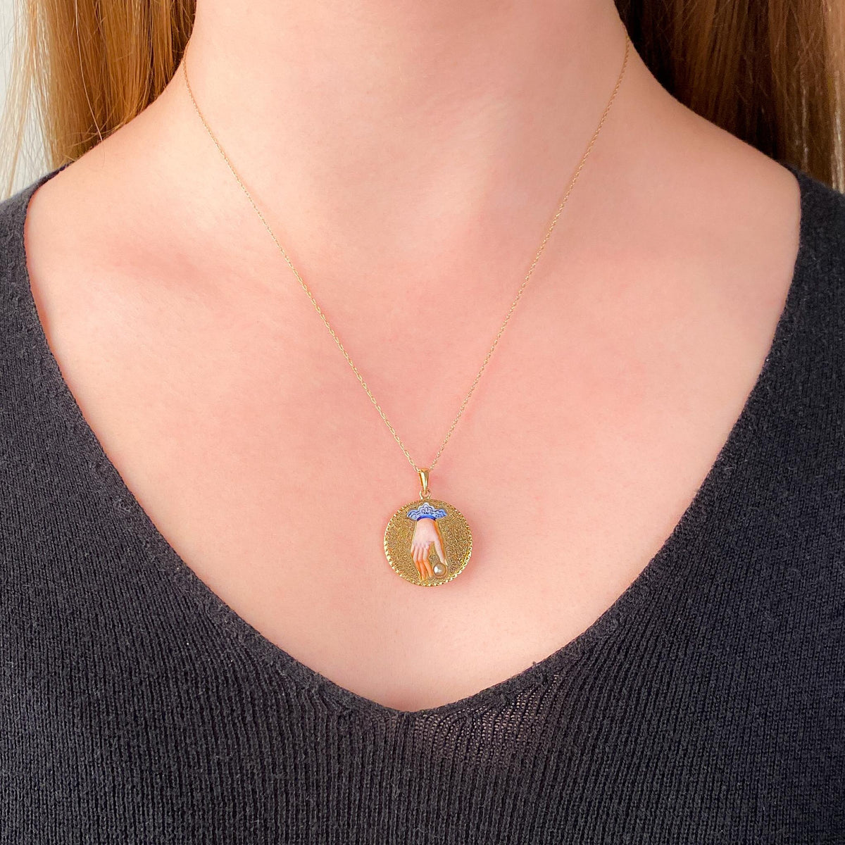 Victorian Enamel Hand with Pearl Pendant of 14k Gold - Trademark Antiques