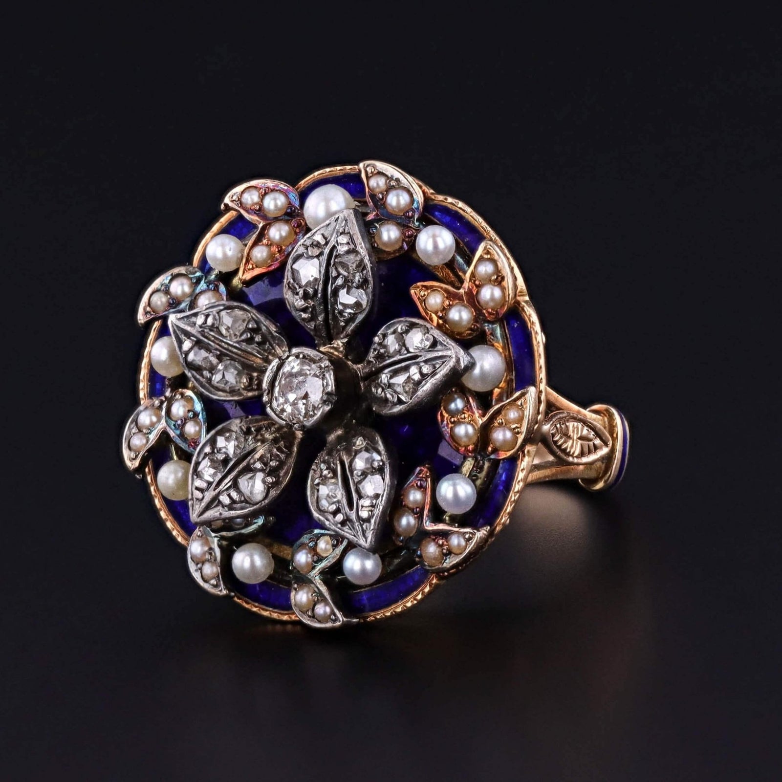 Victorian Enamel, Pearl, and Diamond Flower Ring of 14k Gold and Silver - Trademark Antiques