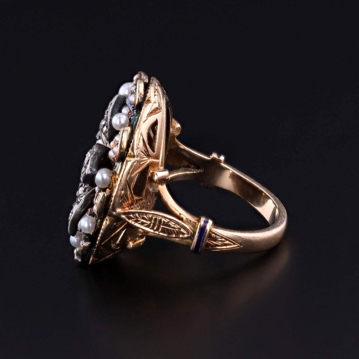 Victorian Enamel, Pearl, and Diamond Flower Ring of 14k Gold and Silver - Trademark Antiques
