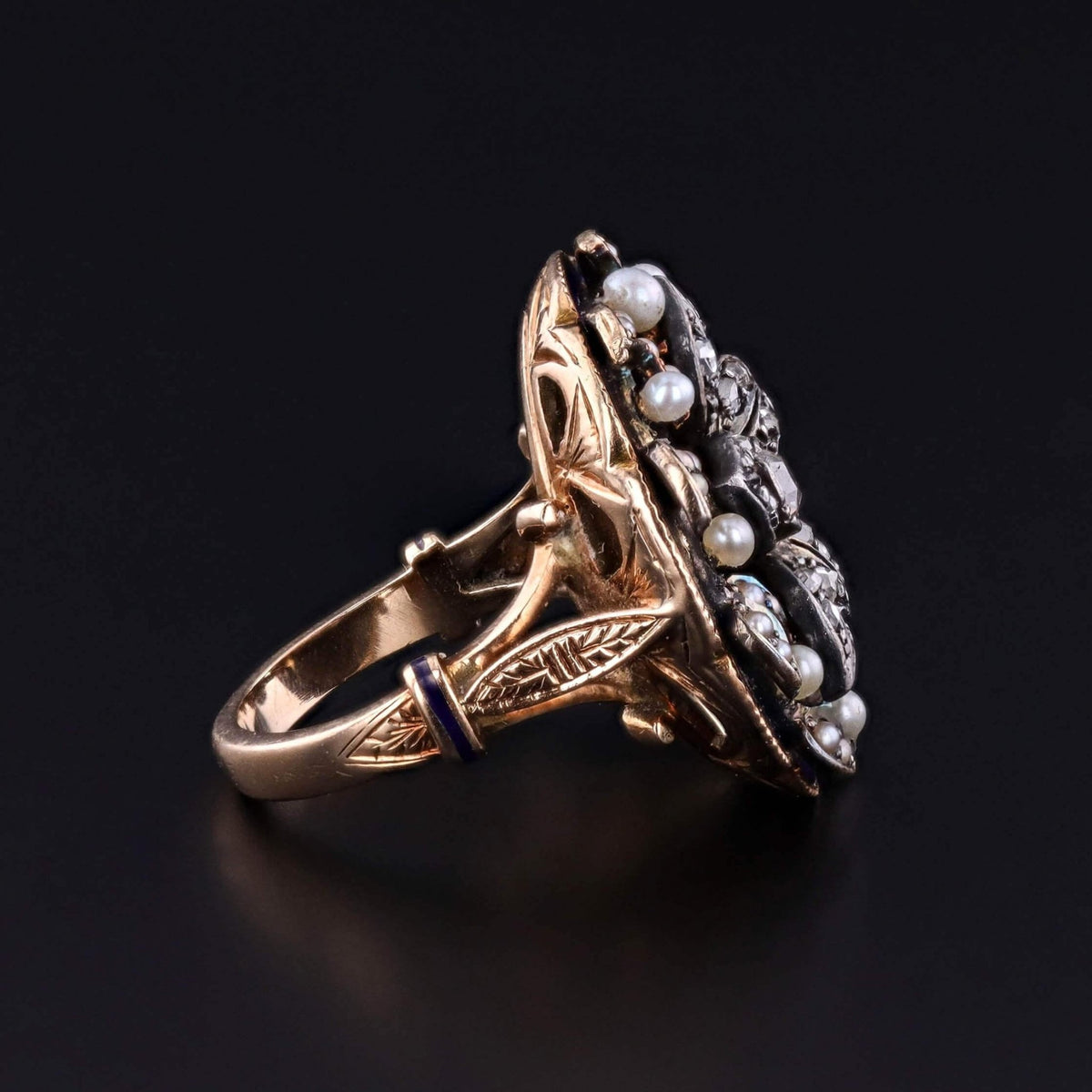 Victorian Enamel, Pearl, and Diamond Flower Ring of 14k Gold and Silver - Trademark Antiques