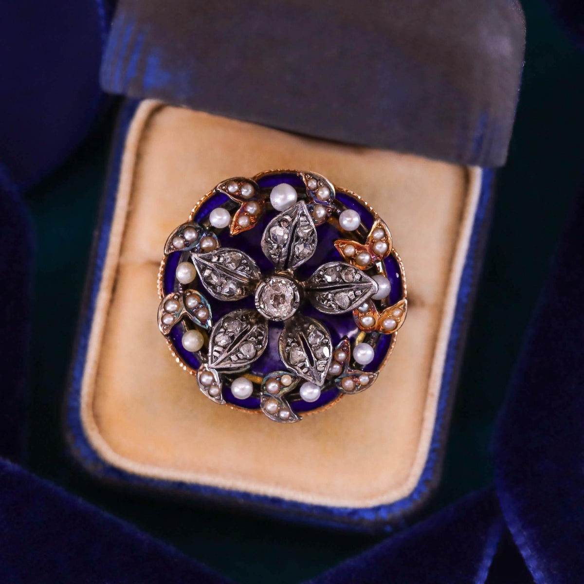 Victorian Enamel, Pearl, and Diamond Flower Ring of 14k Gold and Silver - Trademark Antiques