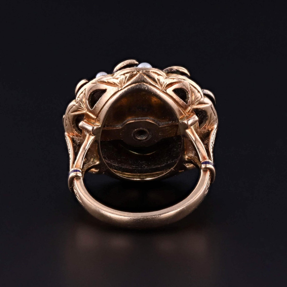 Victorian Enamel, Pearl, and Diamond Flower Ring of 14k Gold and Silver - Trademark Antiques