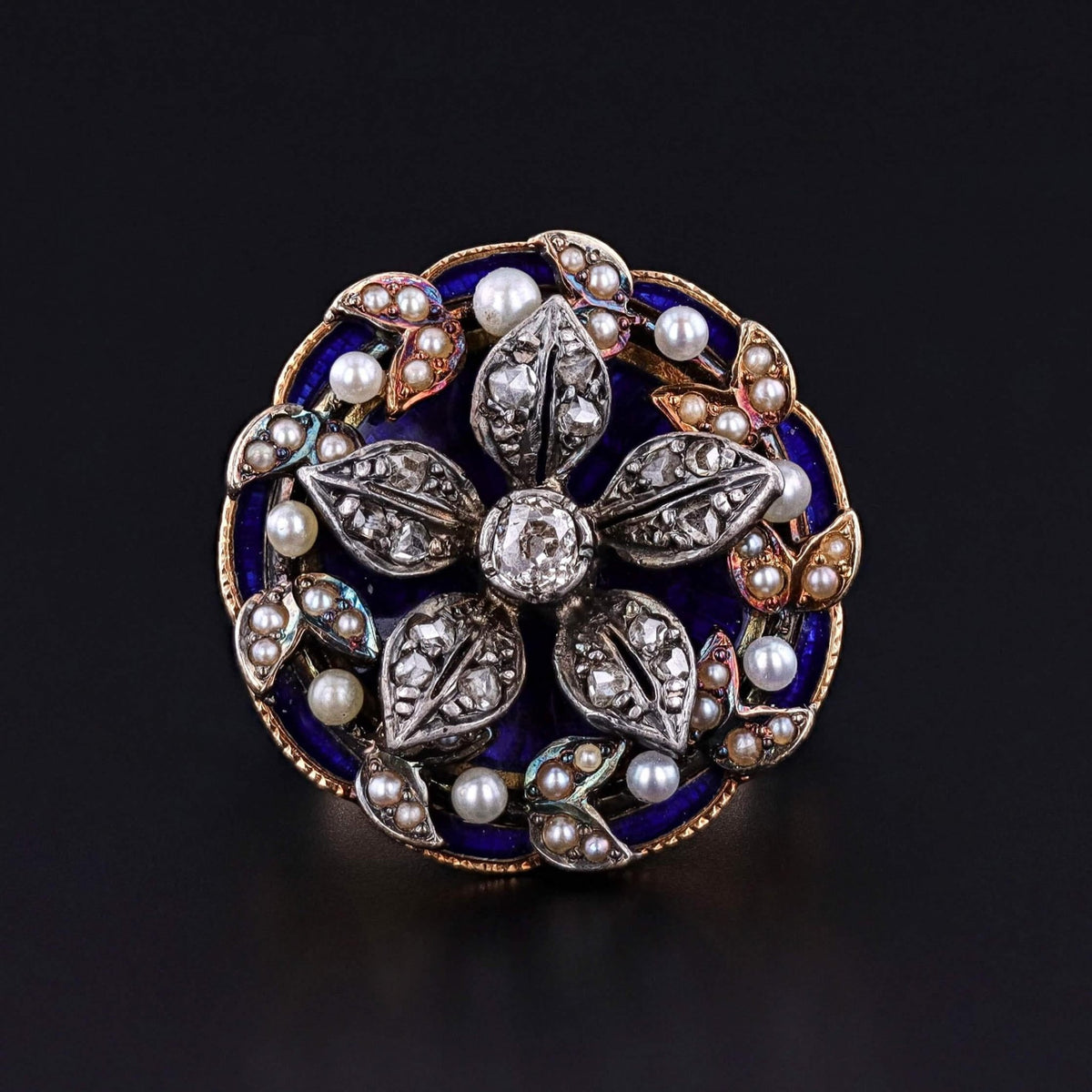Victorian Enamel, Pearl, and Diamond Flower Ring of 14k Gold and Silver - Trademark Antiques