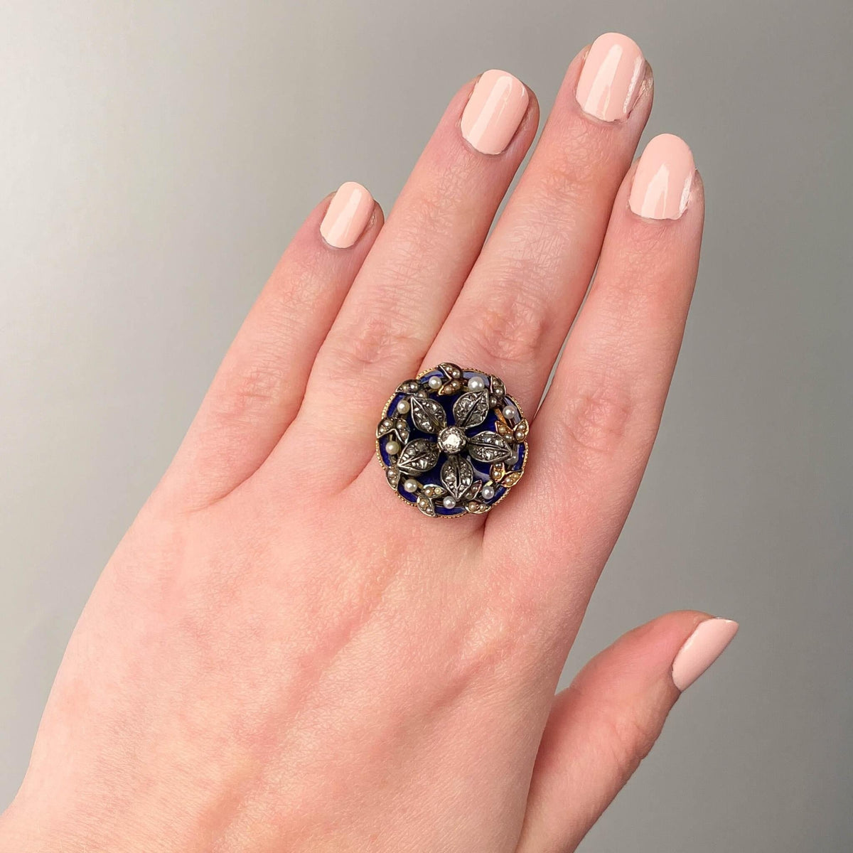 Victorian Enamel, Pearl, and Diamond Flower Ring of 14k Gold and Silver - Trademark Antiques