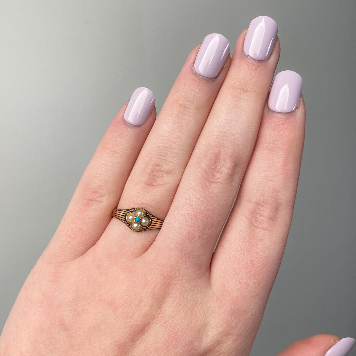 Victorian Enamel, Pearl and Turquoise Ring of 18k Gold - Trademark Antiques