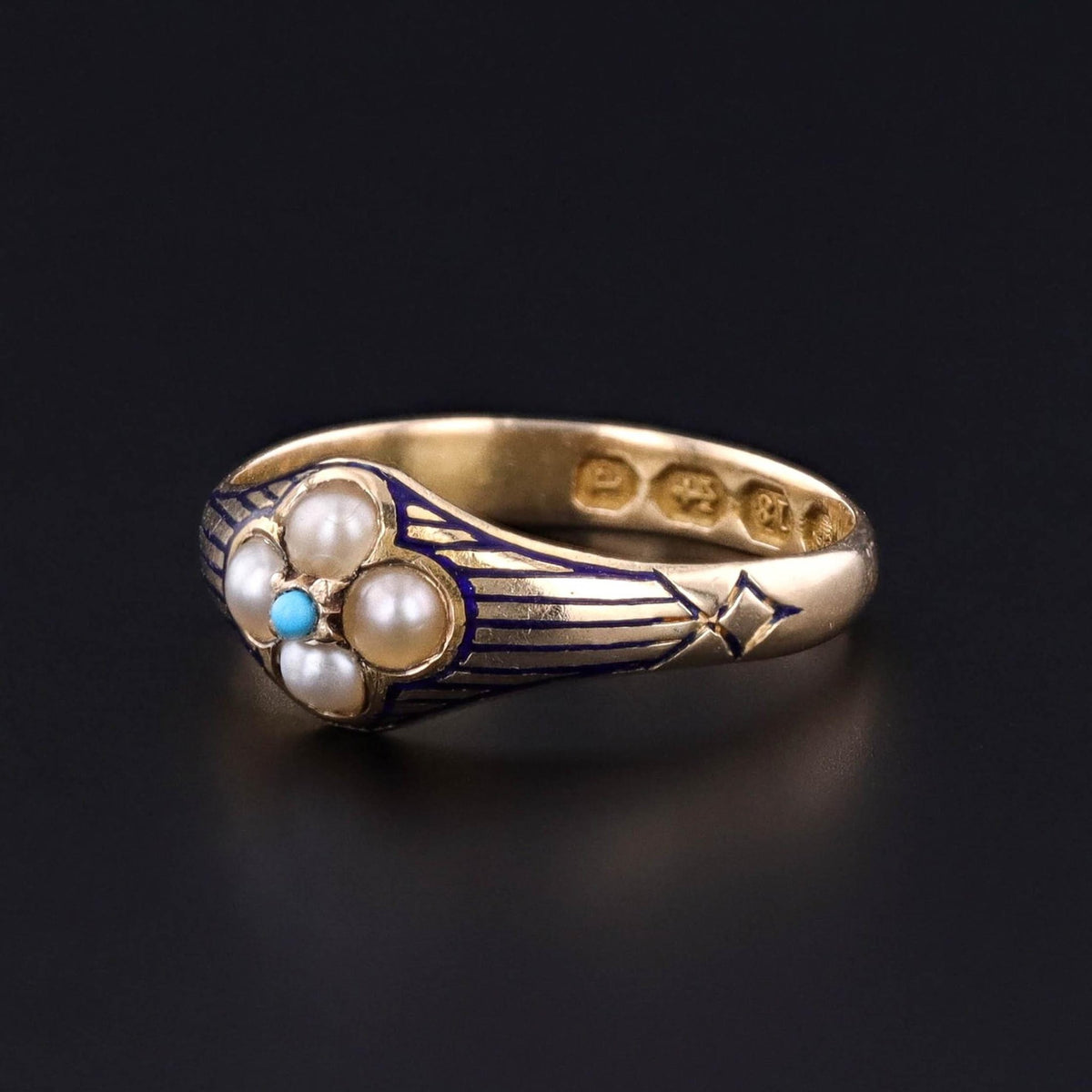 Victorian Enamel, Pearl and Turquoise Ring of 18k Gold - Trademark Antiques