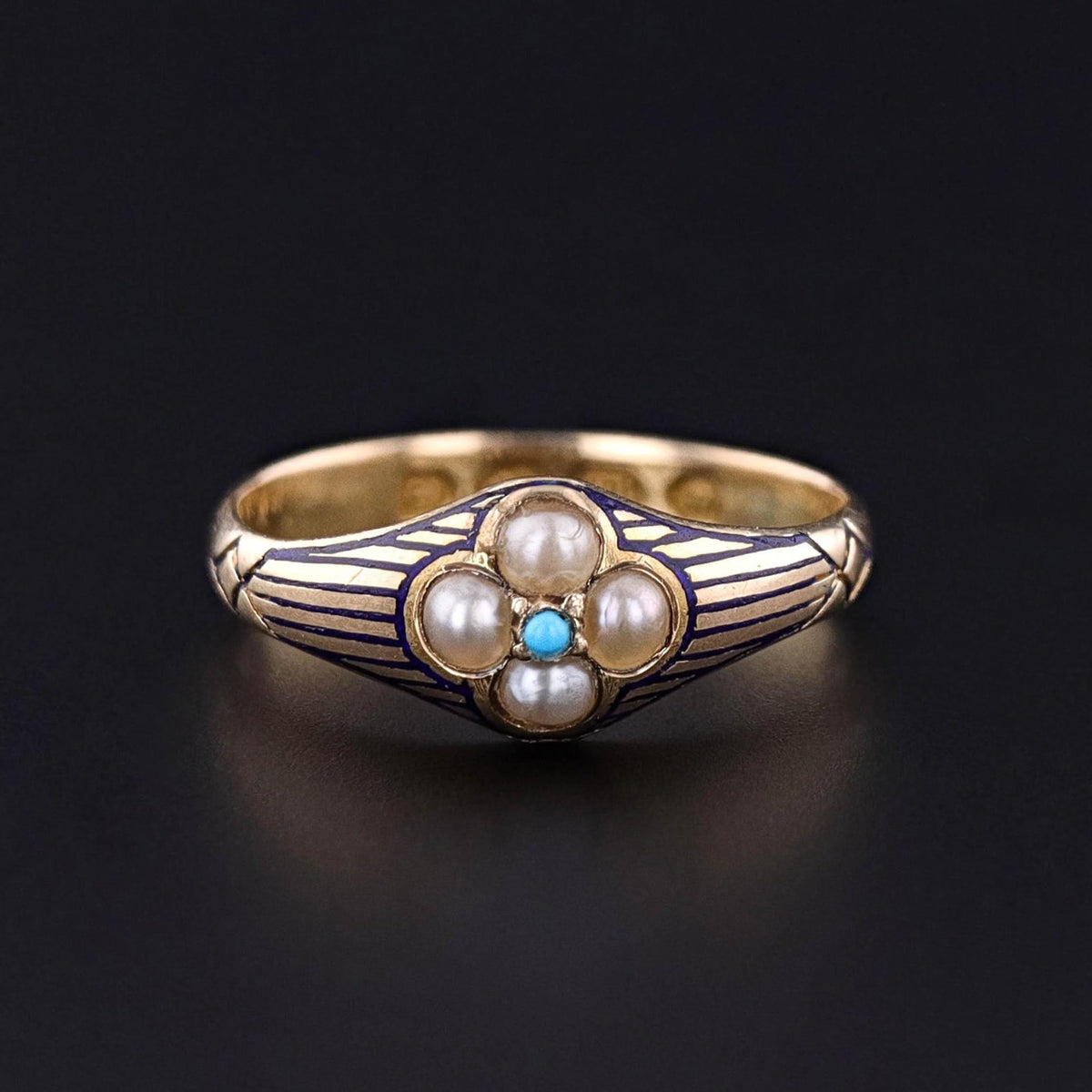 Victorian Enamel, Pearl and Turquoise Ring of 18k Gold - Trademark Antiques