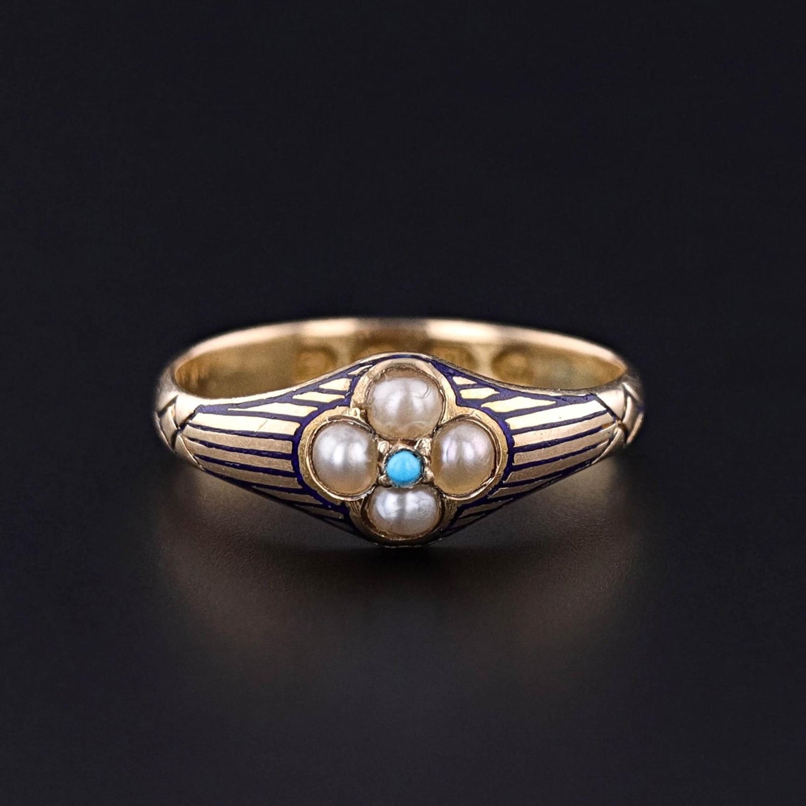Victorian Enamel, Pearl and Turquoise Ring of 18k Gold - Trademark Antiques
