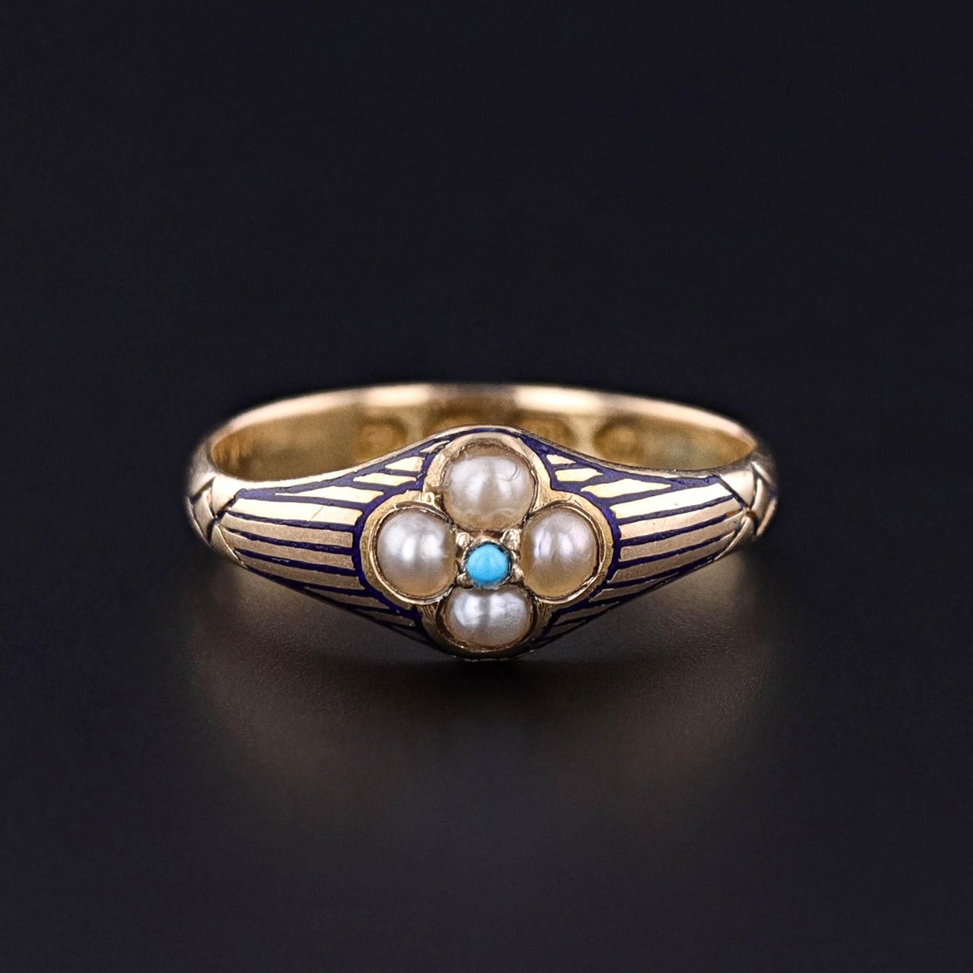 Victorian Enamel, Pearl and Turquoise Ring of 18k Gold - Trademark Antiques