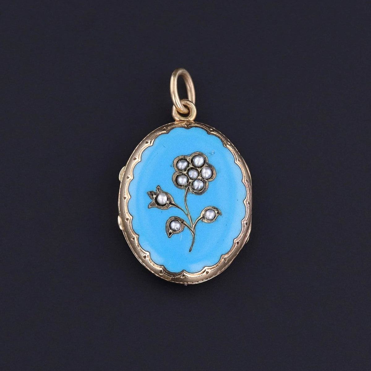 Victorian Enamel &amp; Pearl Flower Locket of 14k Gold - Trademark Antiques