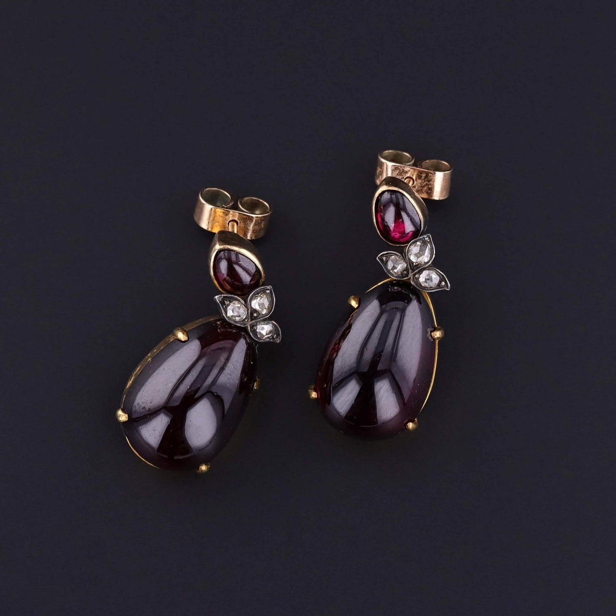Victorian Garnet and Diamond Earrings of 14k Gold - Trademark Antiques