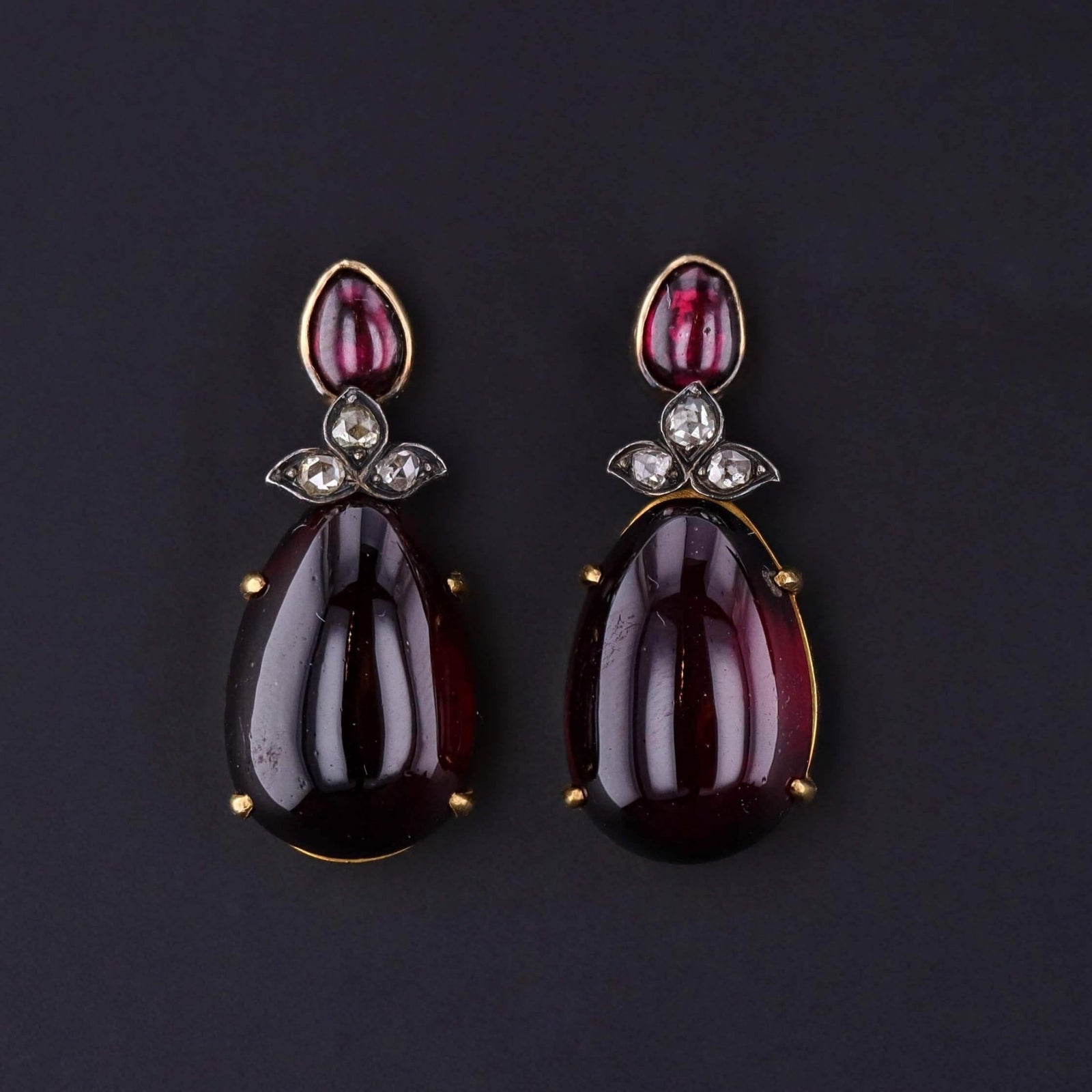 Victorian Garnet and Diamond Earrings of 14k Gold - Trademark Antiques