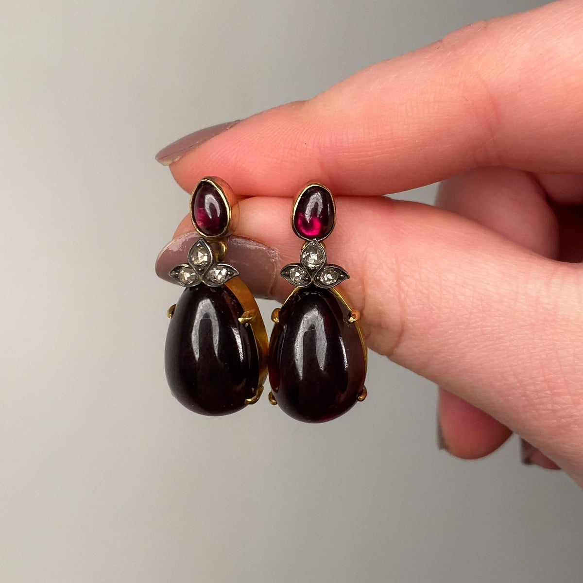 Victorian Garnet and Diamond Earrings of 14k Gold - Trademark Antiques