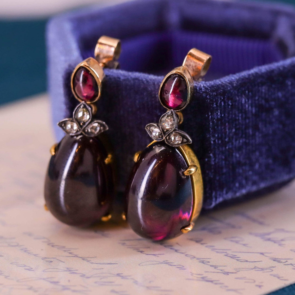 Victorian Garnet and Diamond Earrings of 14k Gold - Trademark Antiques