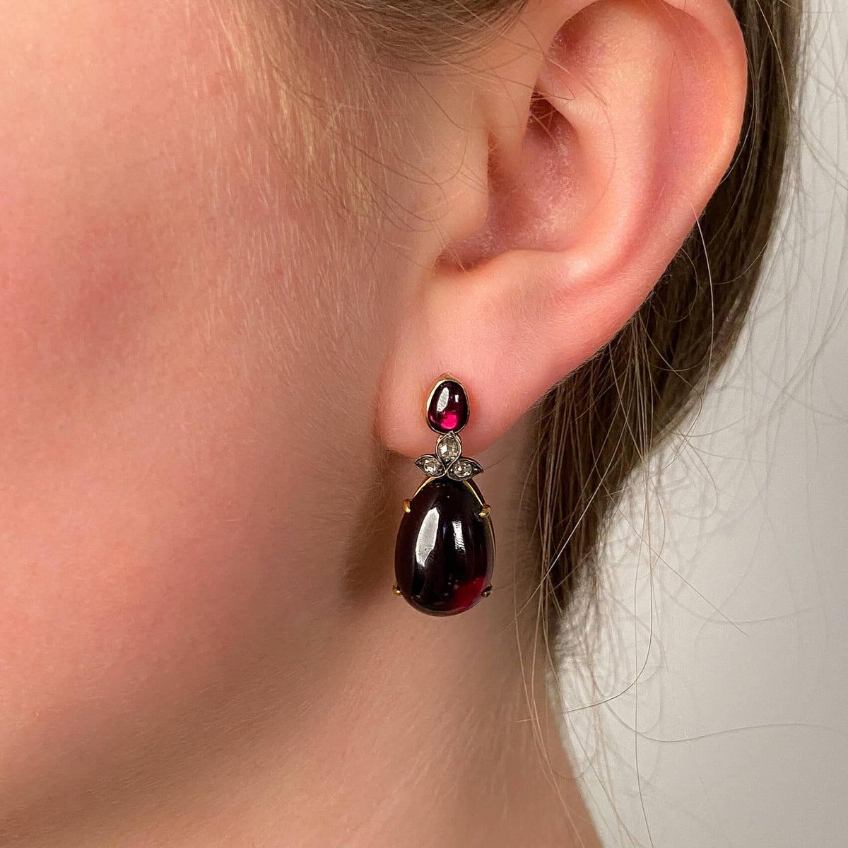 Victorian Garnet and Diamond Earrings of 14k Gold - Trademark Antiques
