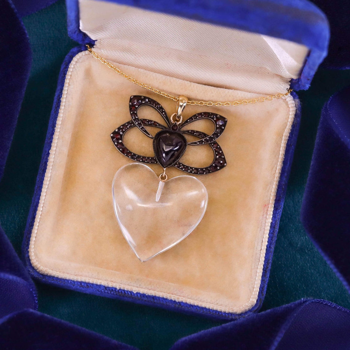 Victorian Garnet and Glass Heart Necklace on 14k Gold Chain - Trademark Antiques