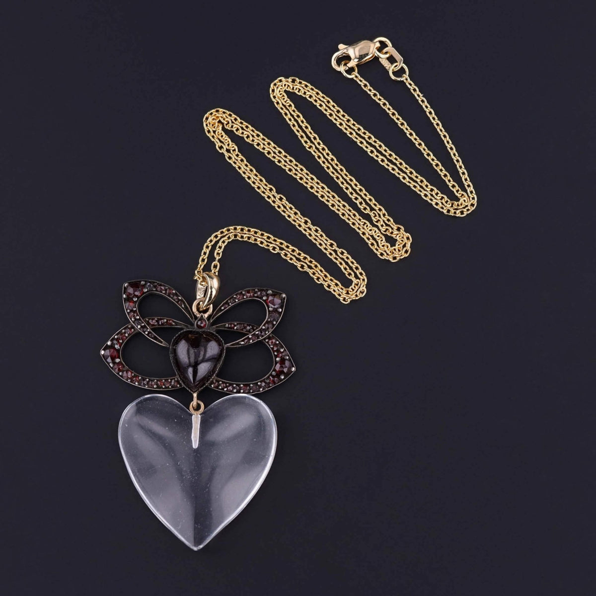 Victorian Garnet and Glass Heart Necklace on 14k Gold Chain - Trademark Antiques