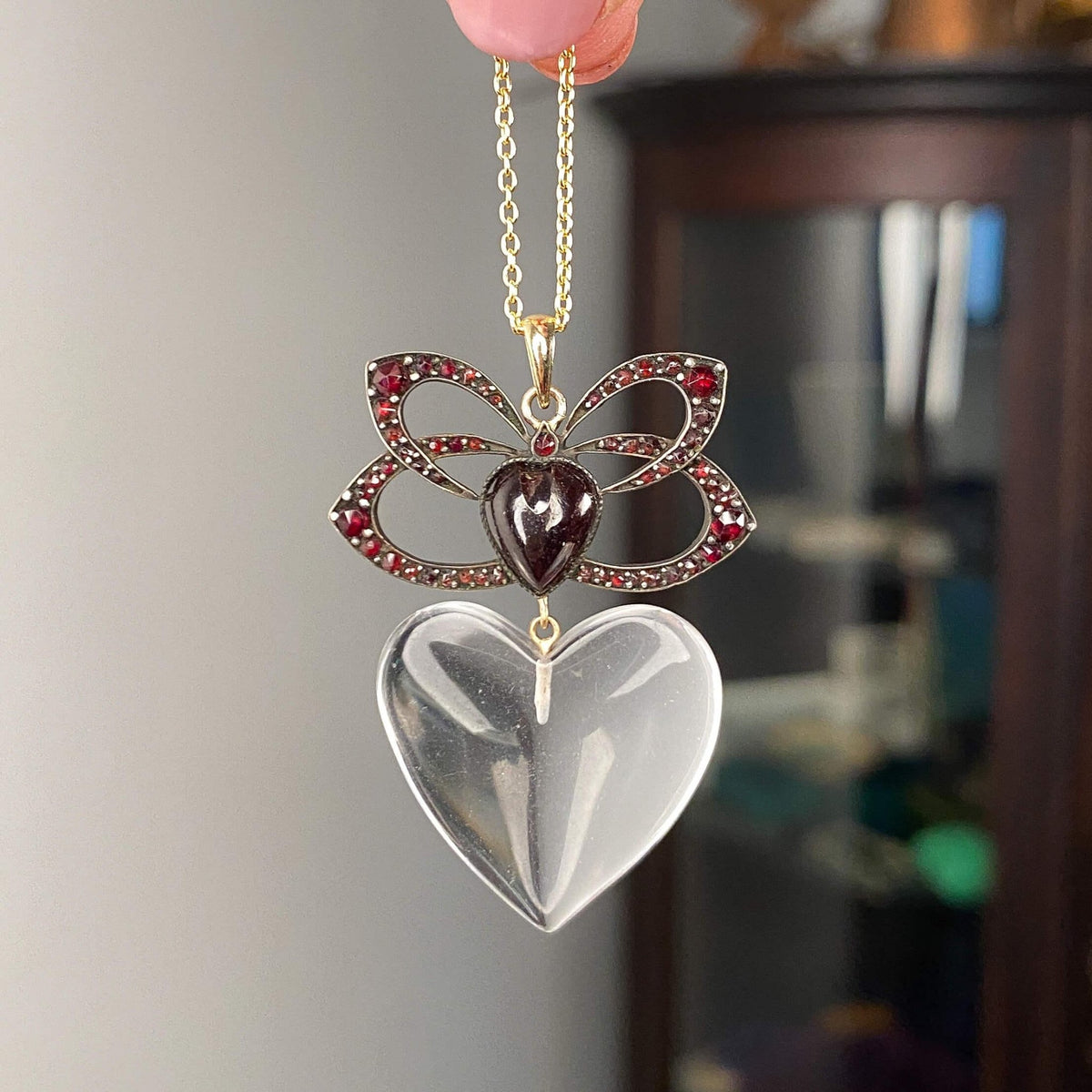 Victorian Garnet and Glass Heart Necklace on 14k Gold Chain - Trademark Antiques