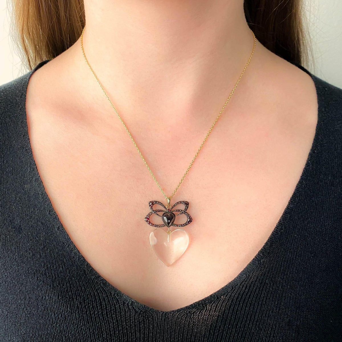 Victorian Garnet and Glass Heart Necklace on 14k Gold Chain - Trademark Antiques