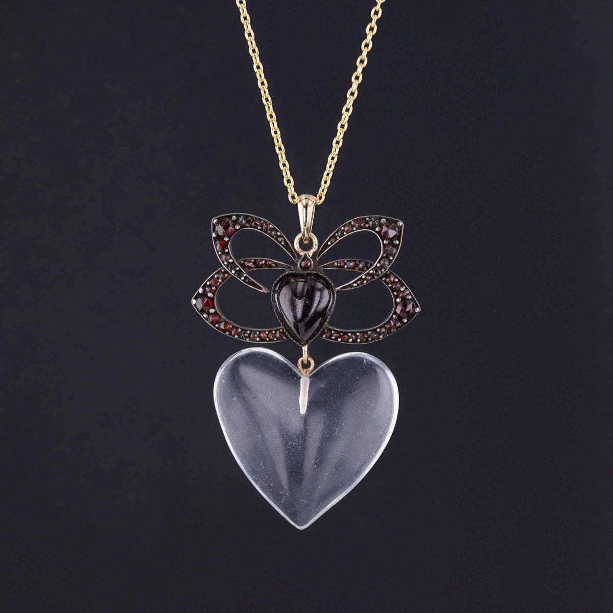 Victorian Garnet and Glass Heart Necklace on 14k Gold Chain - Trademark Antiques