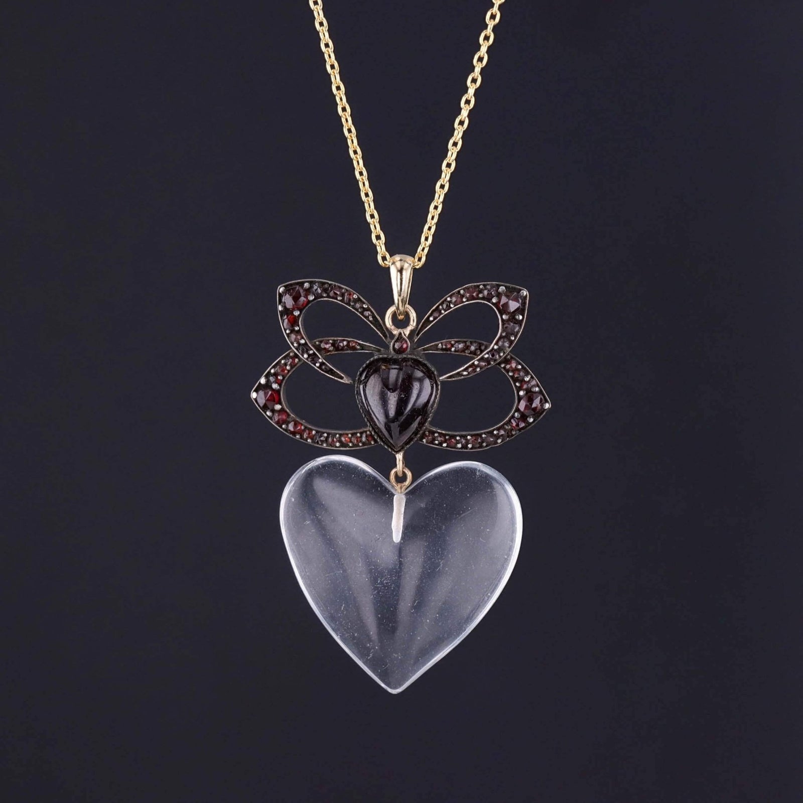 Victorian Garnet and Glass Heart Necklace on 14k Gold Chain - Trademark Antiques