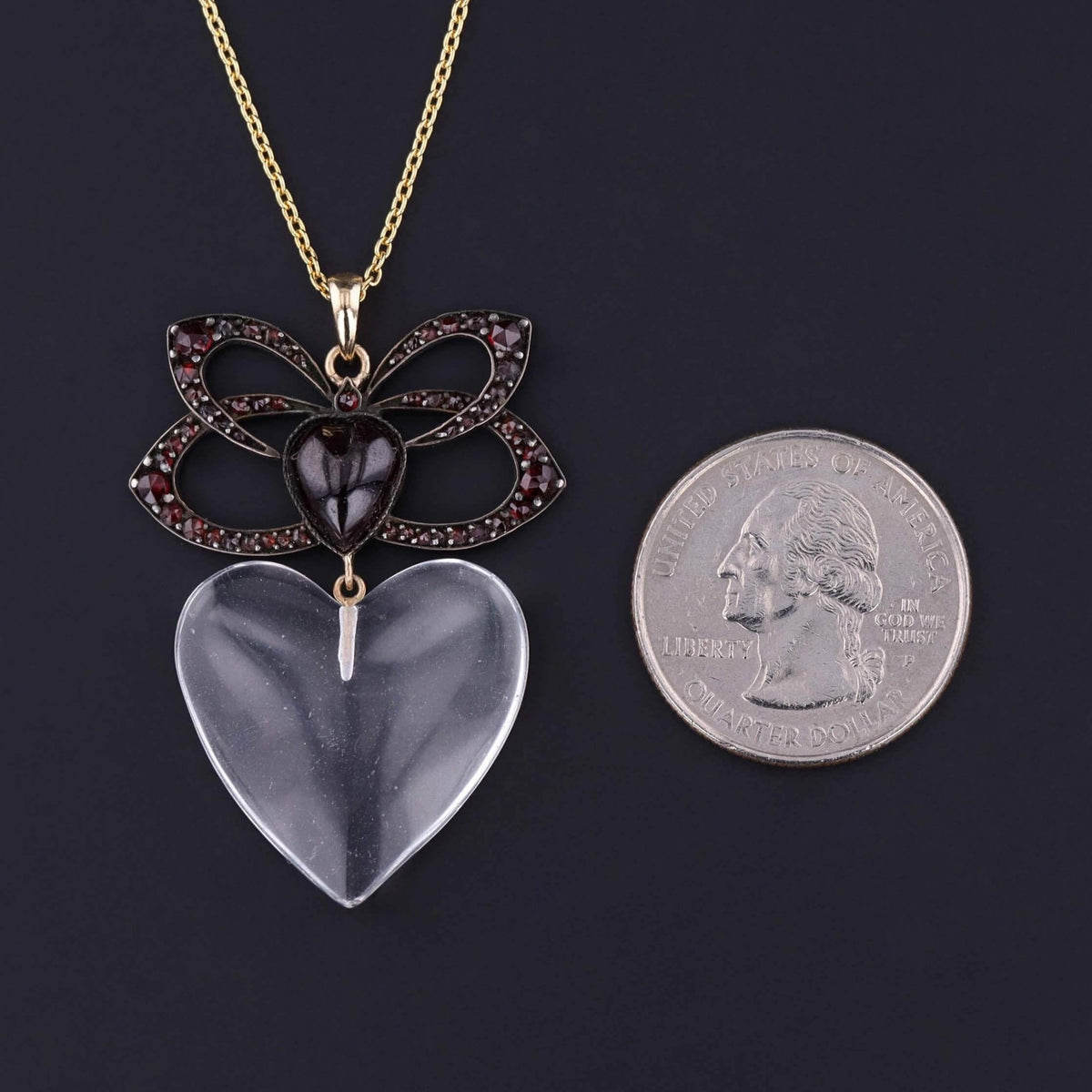 Victorian Garnet and Glass Heart Necklace on 14k Gold Chain - Trademark Antiques