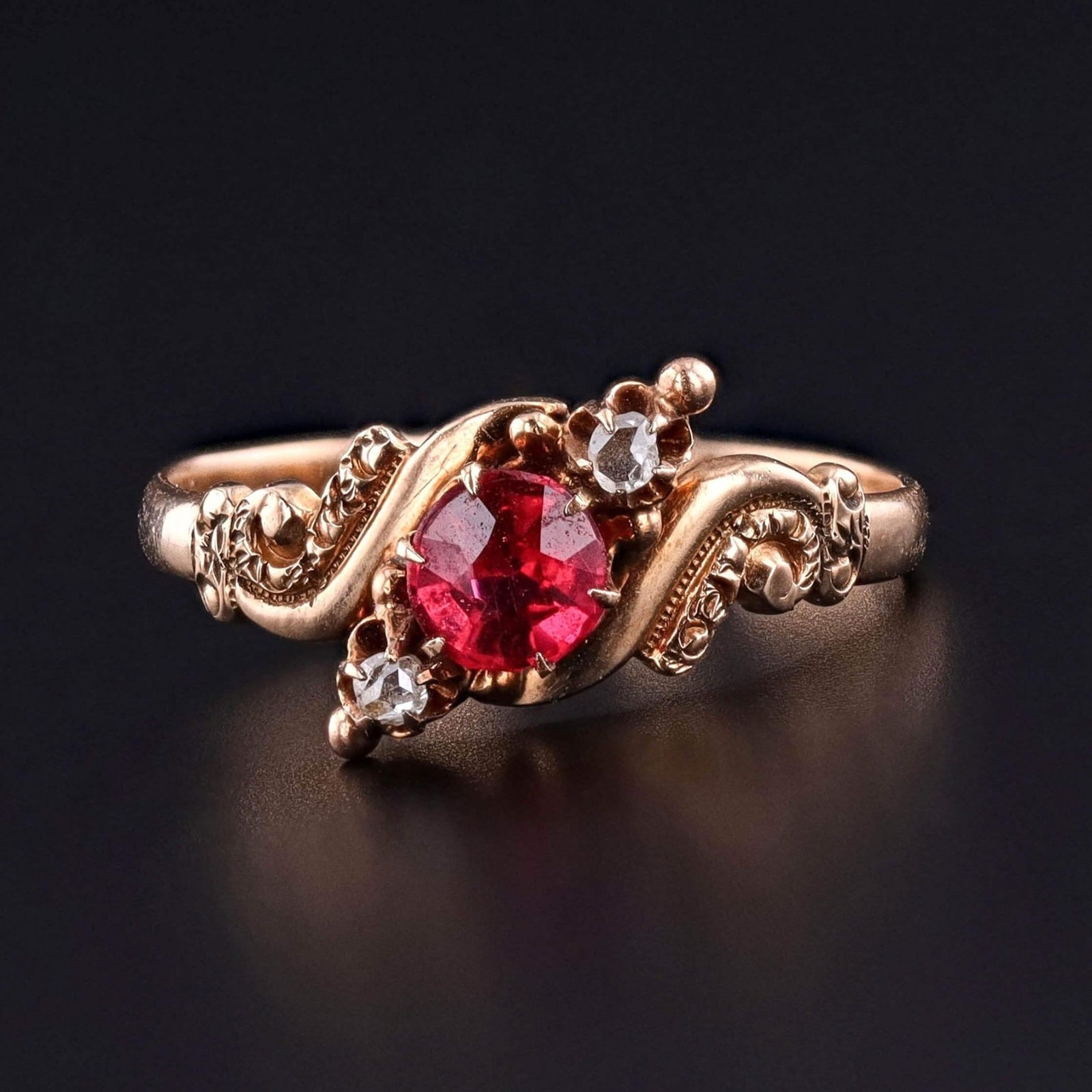 Victorian Garnet Doublet and Diamond Ring of 10k Gold - Trademark Antiques