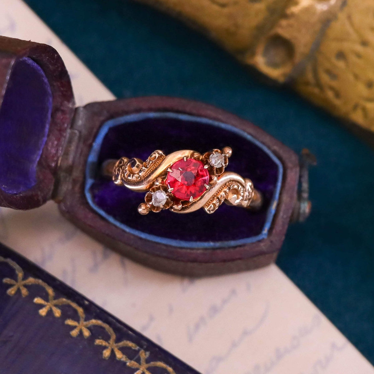 Victorian Garnet Doublet and Diamond Ring of 10k Gold - Trademark Antiques
