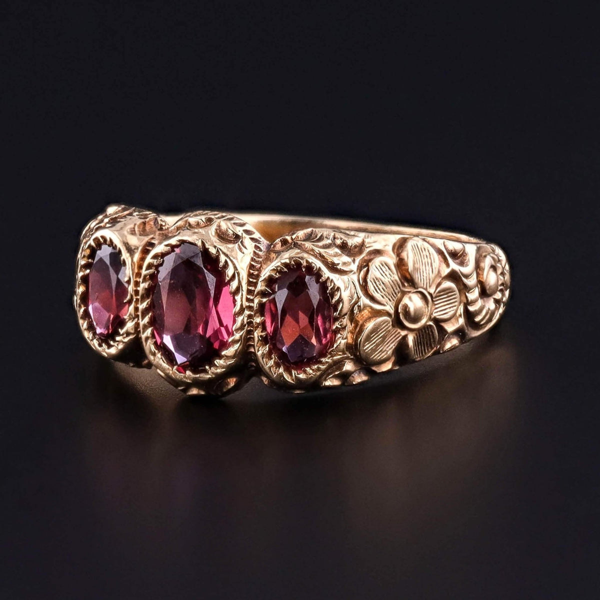 Victorian Garnet Floral Ring of 10k Gold - Trademark Antiques