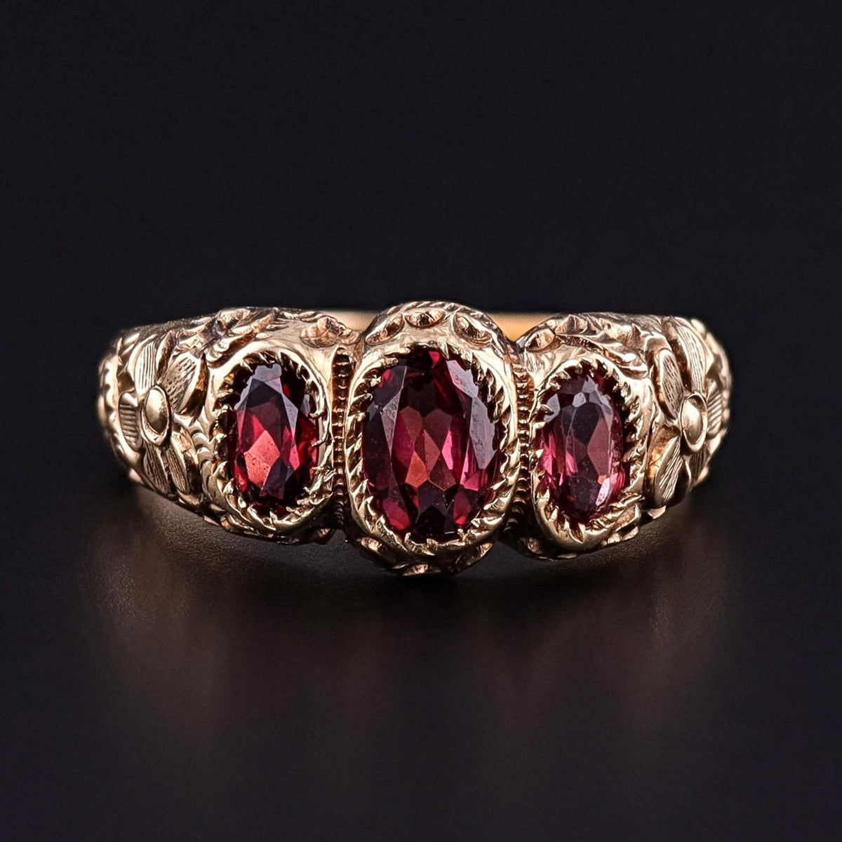 Victorian Garnet Floral Ring of 10k Gold - Trademark Antiques