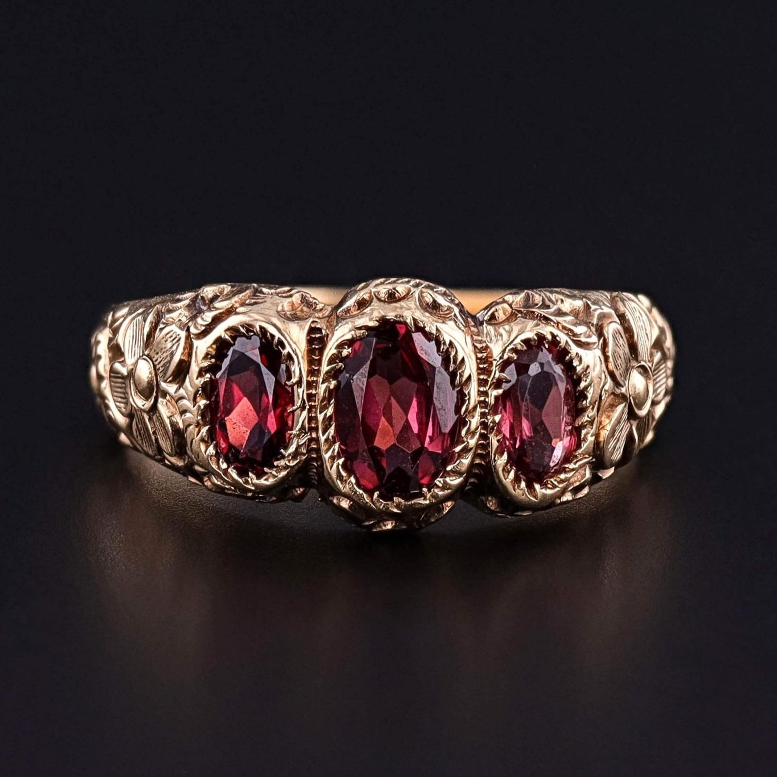 Victorian Garnet Floral Ring of 10k Gold - Trademark Antiques