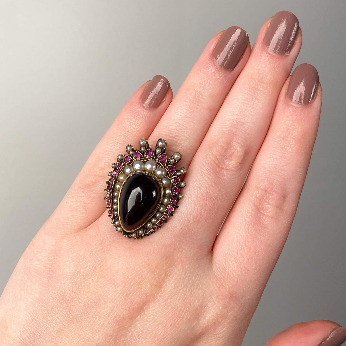 Victorian Garnet, Ruby &amp; Pearl Ring of 12ct Gold - Trademark Antiques