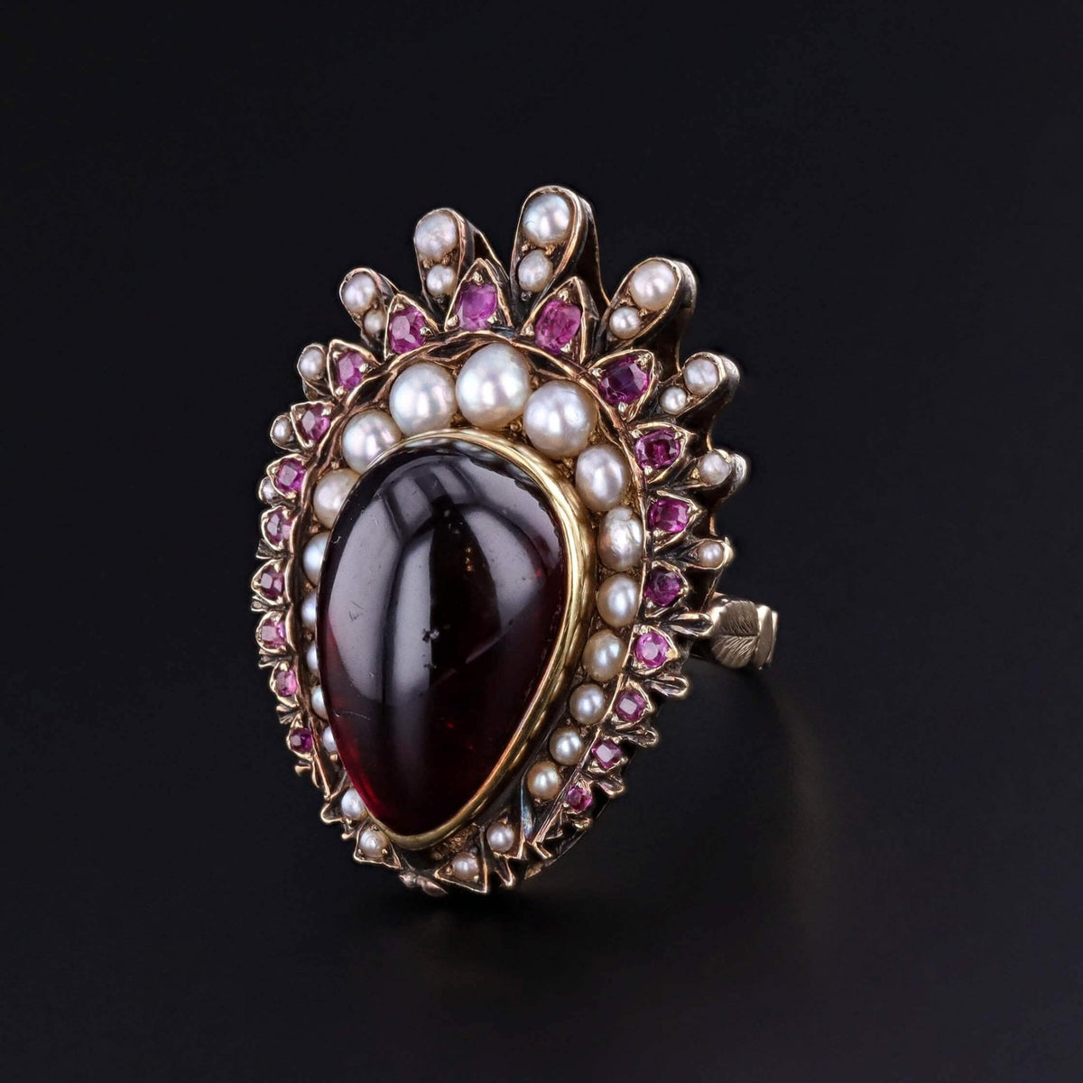 Victorian Garnet, Ruby &amp; Pearl Ring of 12ct Gold - Trademark Antiques