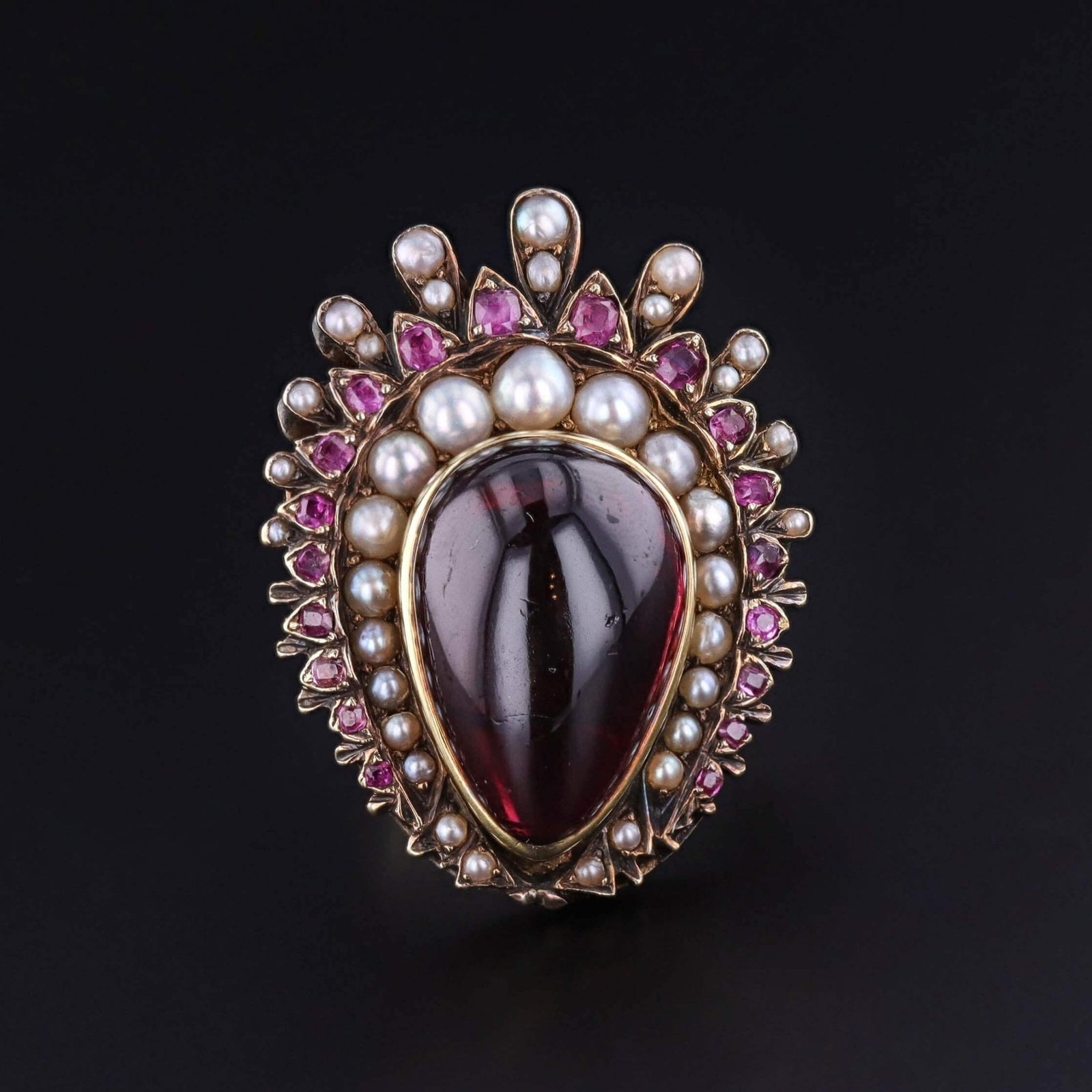 Victorian Garnet, Ruby & Pearl Ring of 12ct Gold - Trademark Antiques