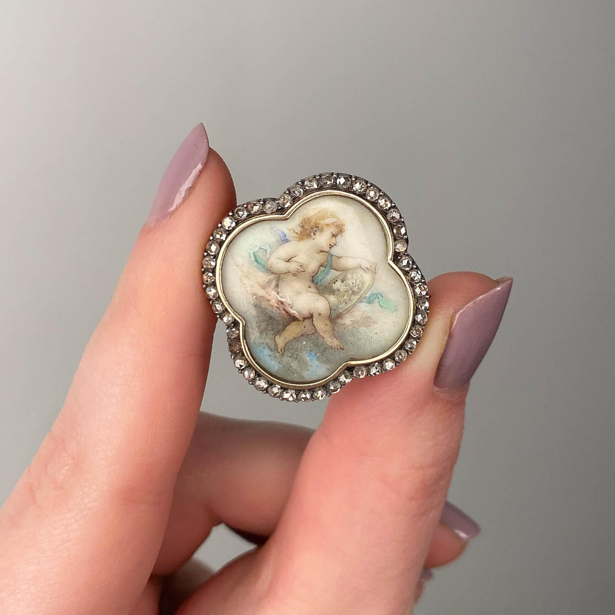 Victorian Hand Painted Miniature Brooch of 14k gold and Silver - Trademark Antiques