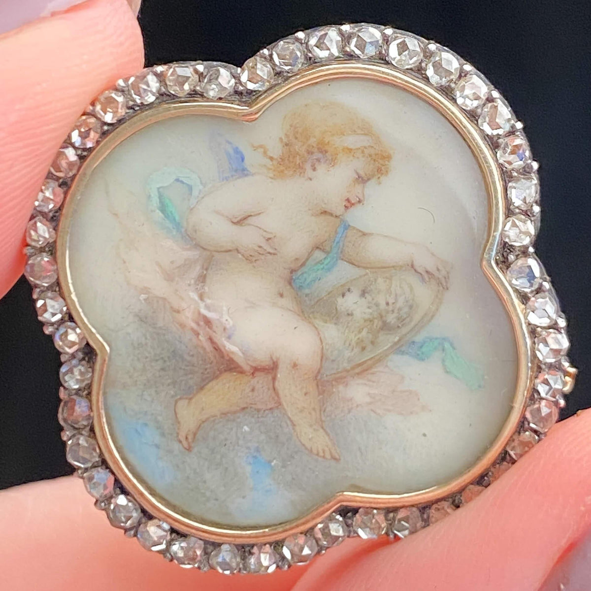 Victorian Hand Painted Miniature Brooch of 14k gold and Silver - Trademark Antiques