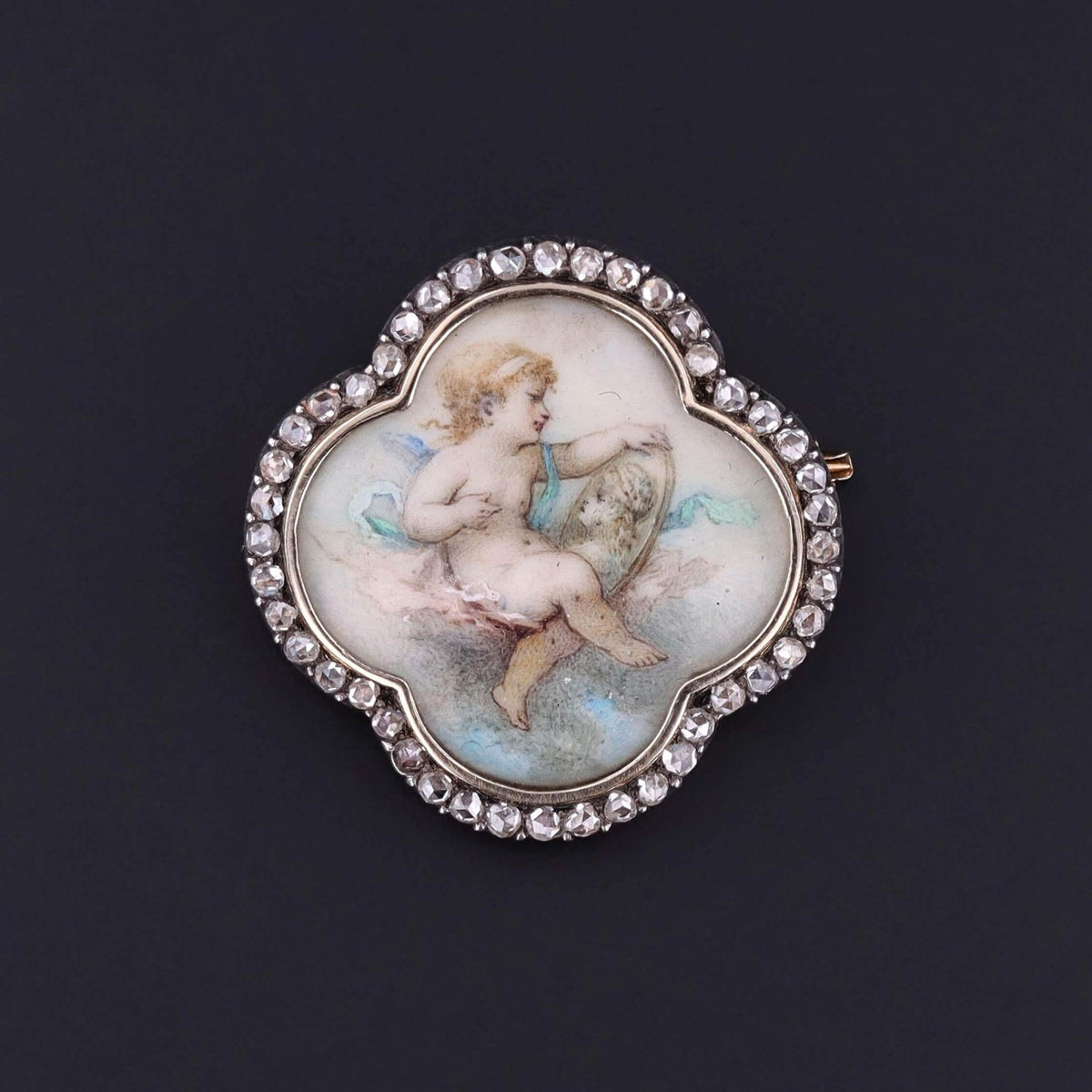 Victorian Hand Painted Miniature Brooch of 14k gold and Silver - Trademark Antiques